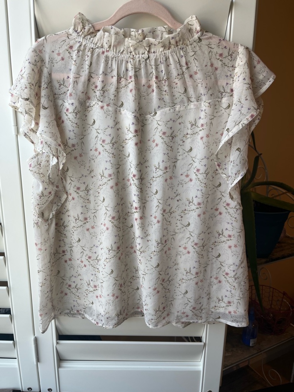 Floral Ruffle Sleeve Blouse - Cream with Pink Floral